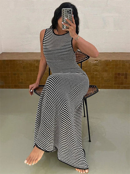 Striped Sleeveless Slim Maxi Dress Female Hollow Out Patchwork Holiday Beach Dress ’s High Waist Dress