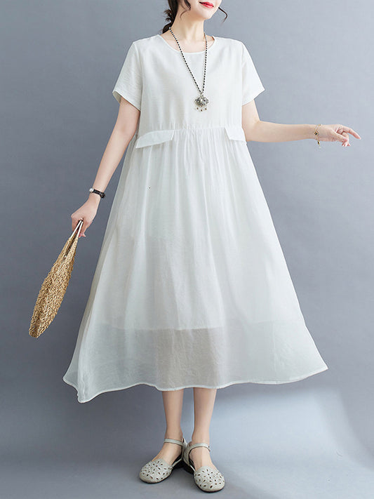Loose Short Sleeves Gauze Color Split-joint Round-neck Midi Dresses