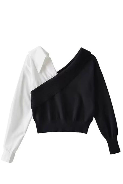 Stylish Patchwork Contrasting Long-sleeved V-neck Sweater