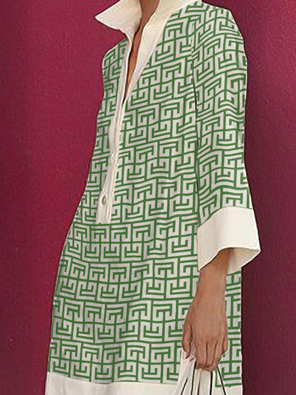Long Sleeves Three-quarter Sleeves Buttoned Printed Lapel Mini Dresses Shirt Dress