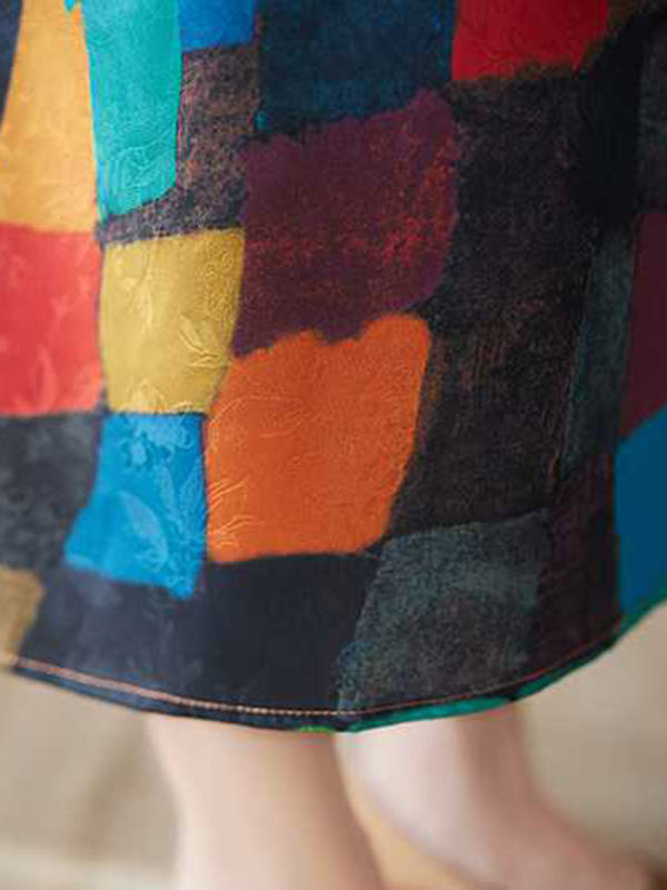 Loose Sleeveless Contrast Color Multi-colored Plaid Round-neck Midi Dresses