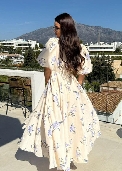 Beige Puff Sleeve Maxi Dress – V-neck A-line Gown