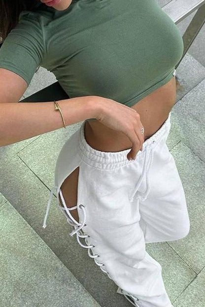 Side Slit Tie Cutout Wide Leg Pants