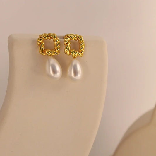 Gold Twisted Pearl Earrings
