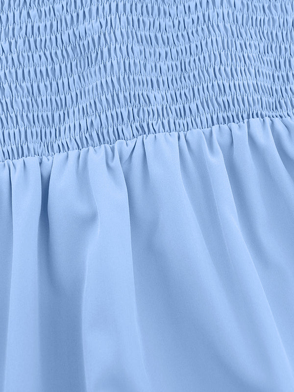 Loose Puff Sleeves Elasticity Pleated Color Split-joint Tiered Off-the-shoulder Mini Dresses