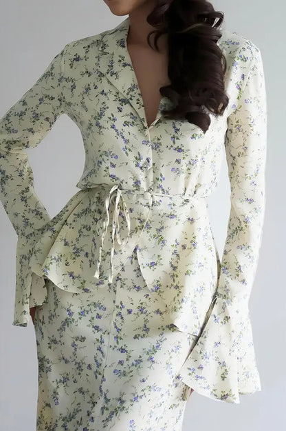 Long Sleeve Small Waist Cinch Top Midi Skirt Two Piece Set
