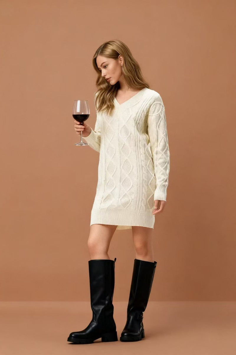 V-neck Cable Knit Sweater Dress