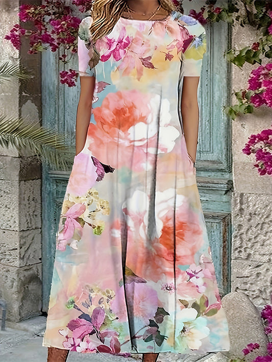 A-line Loose Flower Print Pockets Round-neck Midi Dresses