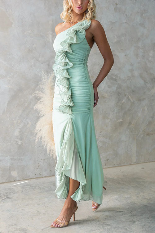 Moxidress One Shoulder Slit Ruffle Mesh Maxi Dress