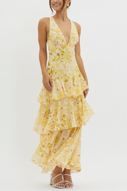 Print Tie-up Back Chiffon Tiered Dress