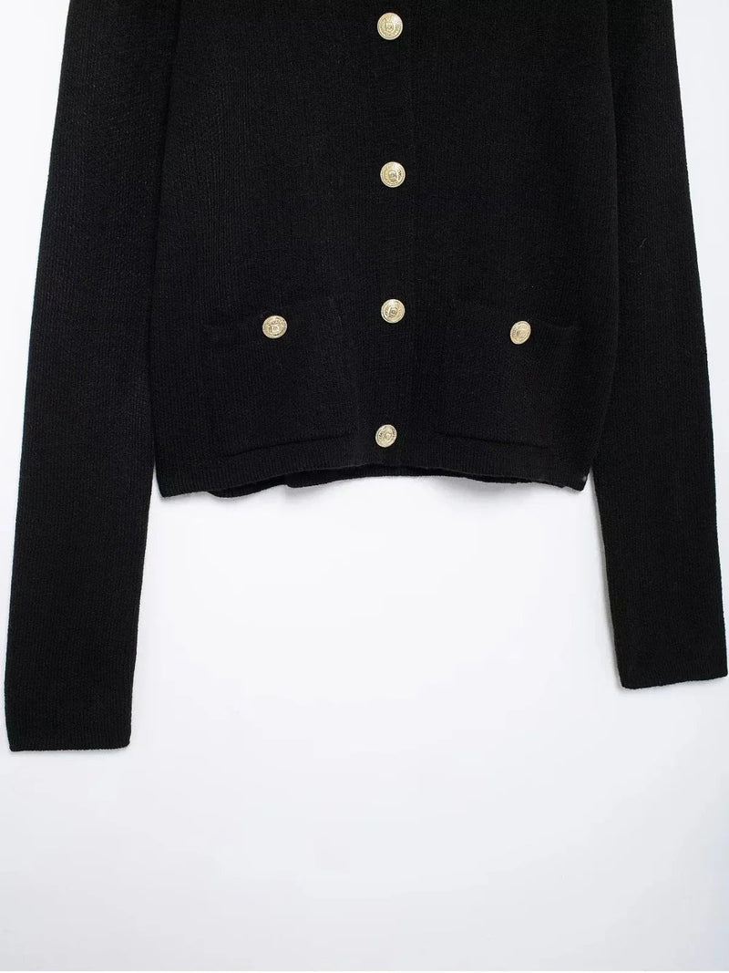 Gold Decorated Row Button Short Knitted Cardigan