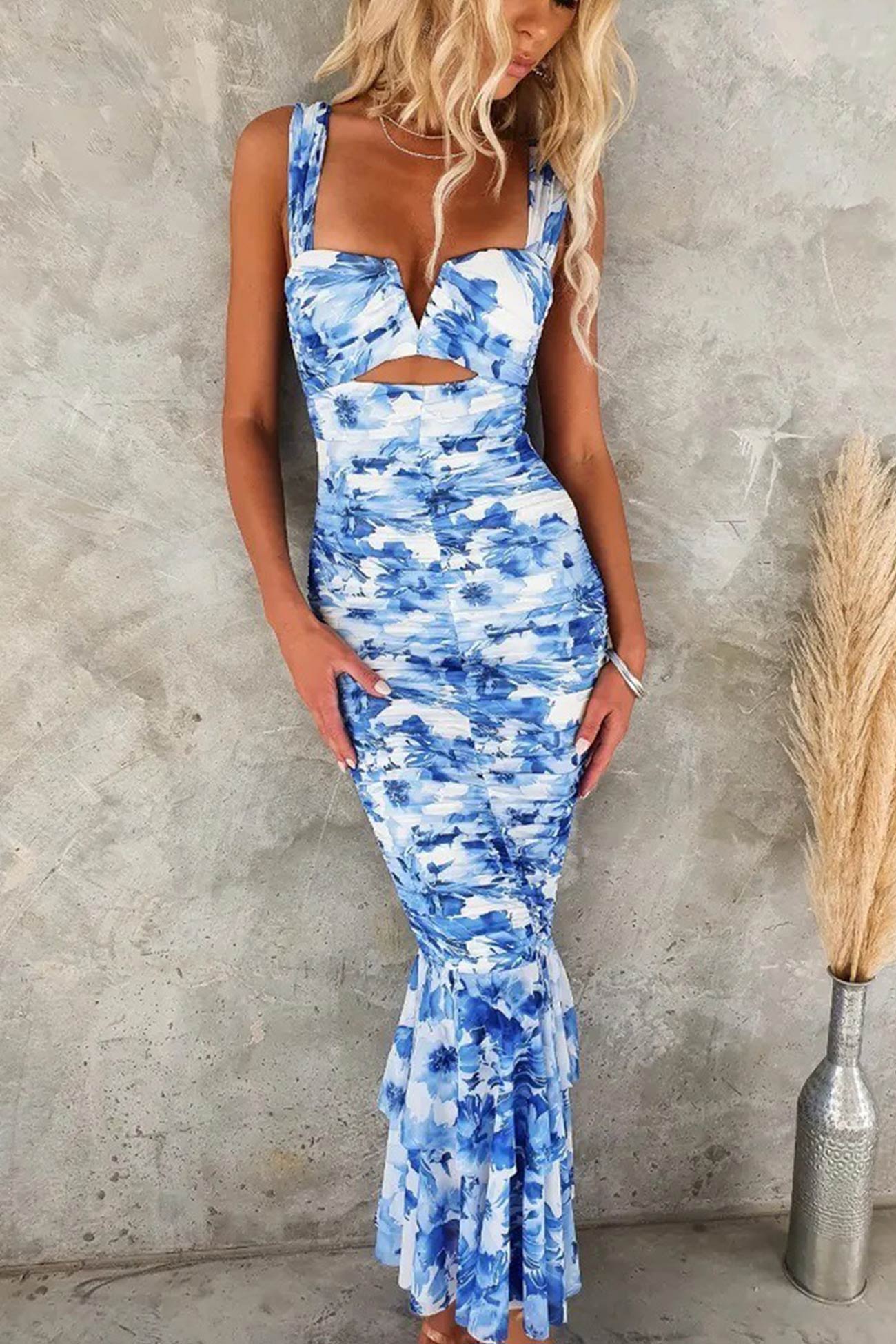 Print Ruched Fishtail Dress