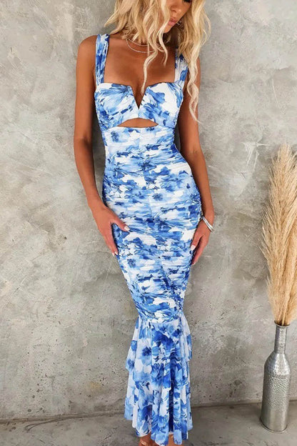 Print Ruched Fishtail Dress
