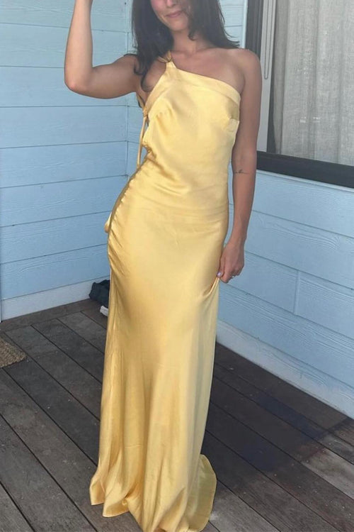 Moxidress One Shoulder Open Back Tie Knot Satin Maxi Dress