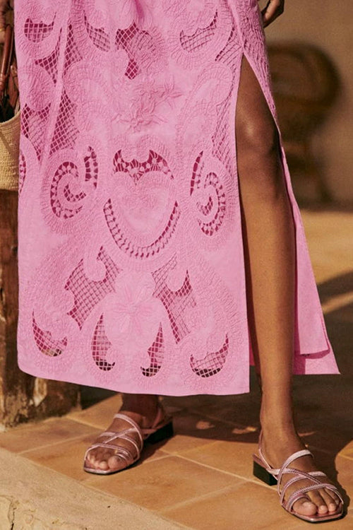 Moxidress Lace Hollow Out Slit A-line Maxi Skirt