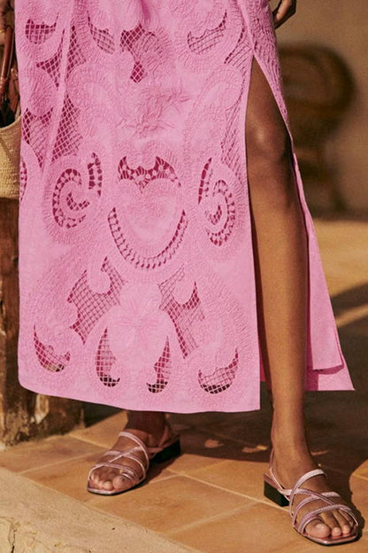 Moxidress Lace Hollow Out Slit A-line Maxi Skirt