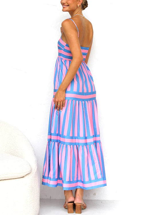 Moxidress Spaghetti Strap Tiered Color Block Striped Maxi Dress