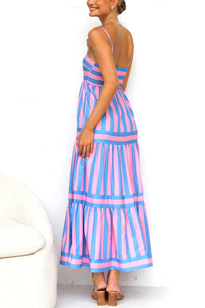 Spaghetti Strap Tiered Color Block Striped Maxi Dress