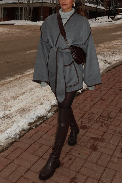 Moxidress Open Front Pocketed Splice Coat With Belt