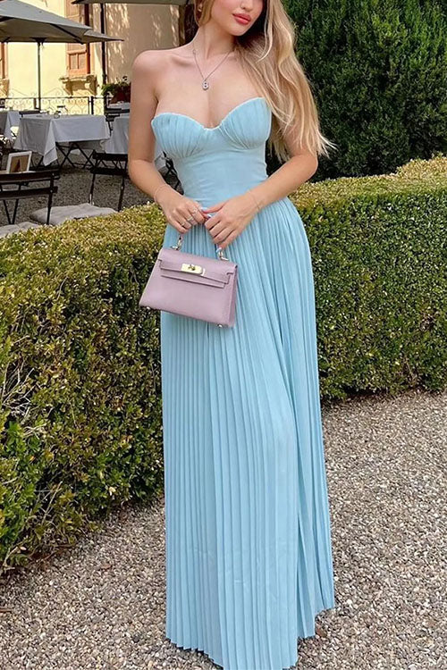 Moxidress Strapless V Neck Corset Pleated Maxi Dress
