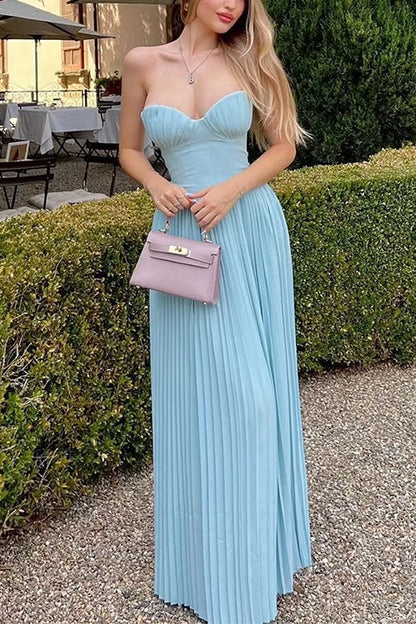 Strapless V Neck Corset Pleated Maxi Dress