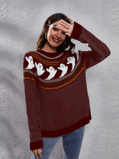 Literary Retro Ghost Pattern Round Neck Knitted Sweater