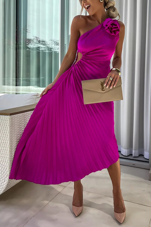 Moxidress 3d Rose One Shoulder Cut Out Waist Asymmetric Hem Pleated Maxi Dress