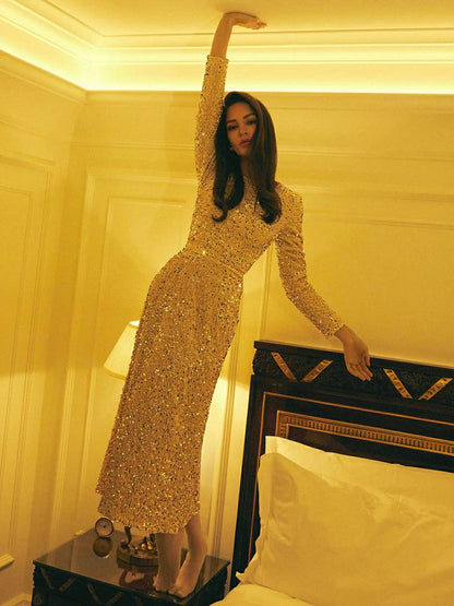 Sequin Decorated Velvet Midi Dress in Beige