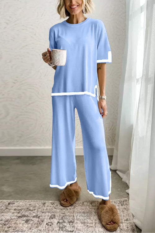 Color Block Short Sleeves Side Split Pullover Wide Leg Pants Knitting Loungewear Set