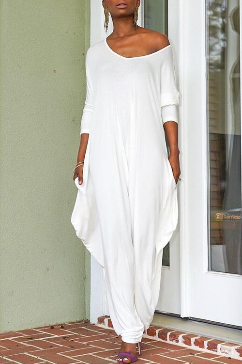Crewneck Long Sleeve Draped Jumpsuit