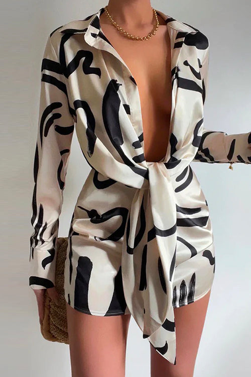 Lapel Long Sleeve Tie Knot Front Printed Mini Dress