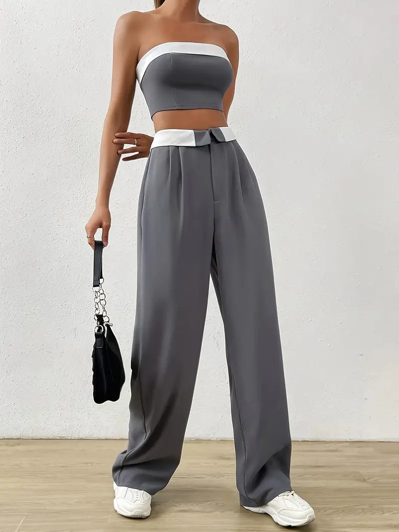 Contrast Off Shoulder Tube Top & Pants Two Piece Set