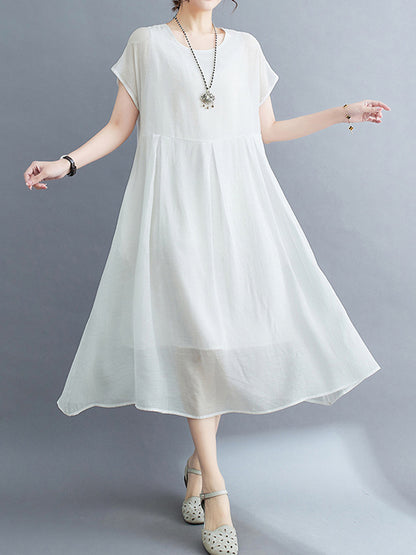 Loose Short Sleeves Color Split-joint Round-neck Midi Dresses