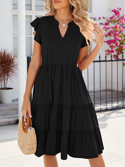 Loose Ruffle Sleeves Pleated Pockets Color Split-joint V-neck Midi Dresses