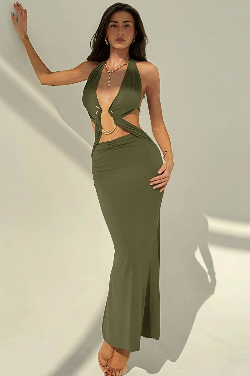 Halter Deep V Neck Backless Metal Maxi Dress