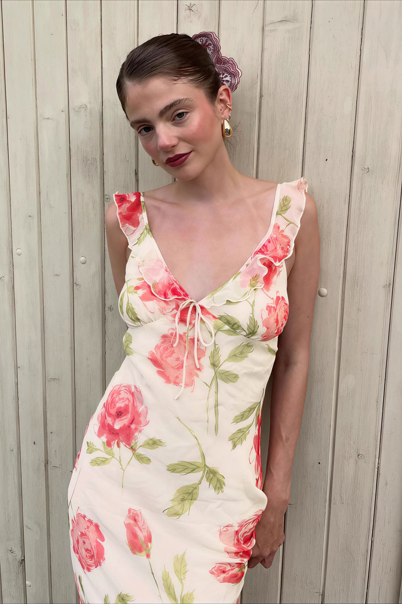 Print Mesh V Neck Cami Midi Dress