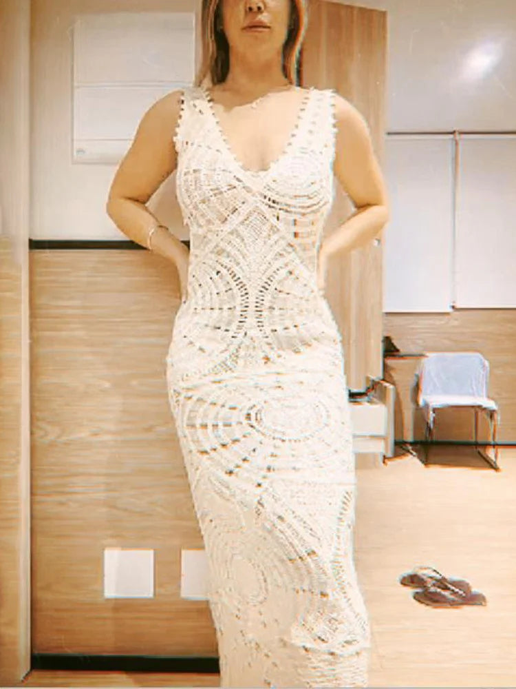V-neck Hollow Out Maxi Dress Knit – Sleeveless High Waist Party Dress