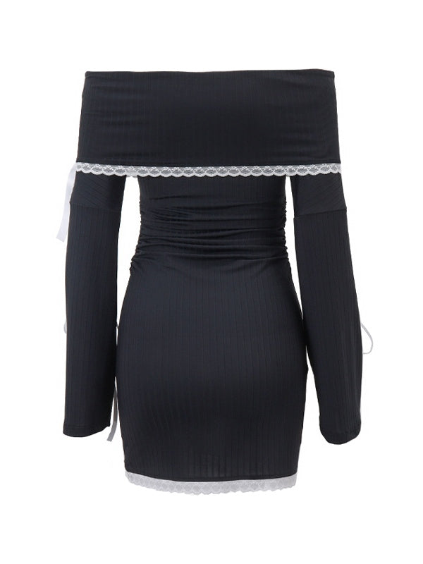 Off Shoulder Tie Up Long Sleeve Mini Dress With Lace Splice