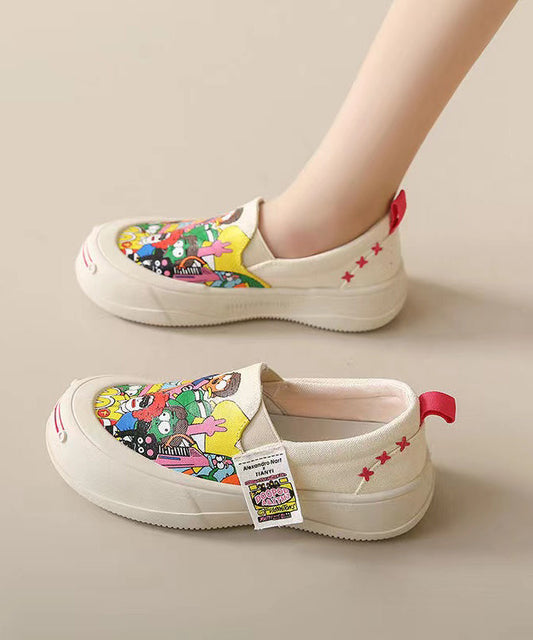 Beige Graffiti Platform Canvas Flat Shoes for