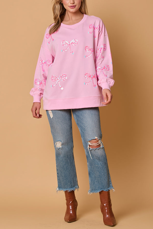 Christmas Bow Sequin Loose Long-sleeved Sweatshirt