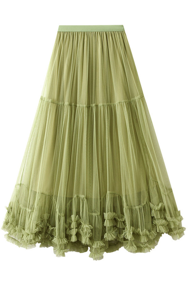 Tulle Stretch Waist Paneled Pleated Maxi Skirt