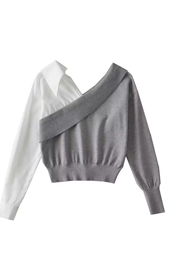Stylish Patchwork Contrasting Long-sleeved V-neck Sweater