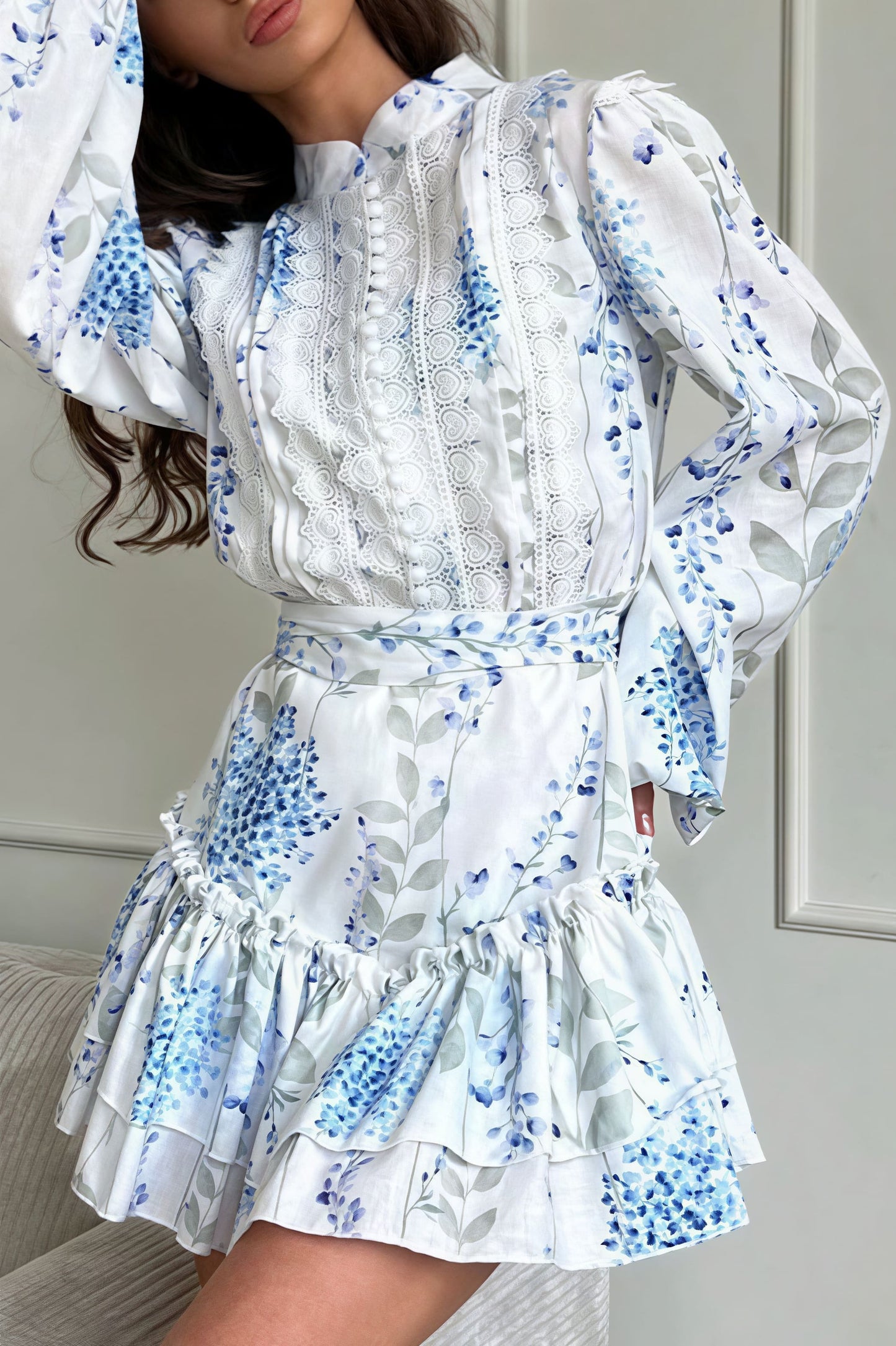 Print Stand Collar Puff Sleeve Ruffle Maxi Dress