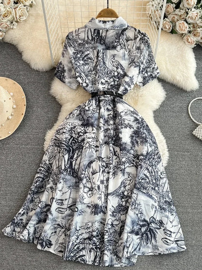 Summer Retro Shirt Dress Short Sleeved Lapel Single Breasted A-line Print Long Dresses Party Long Robe