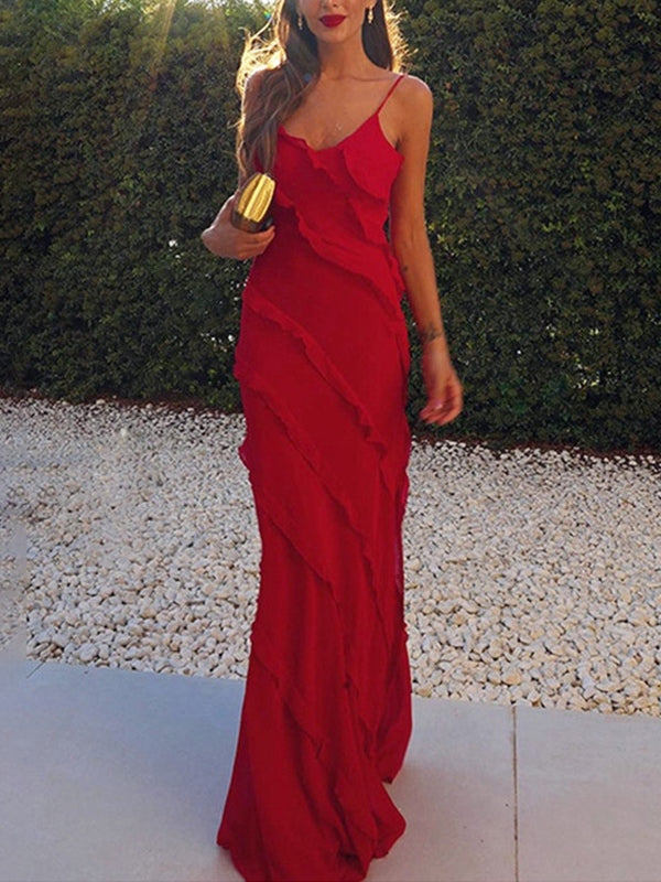 Red Halter Backless Slit Ruffles Maxi Dress