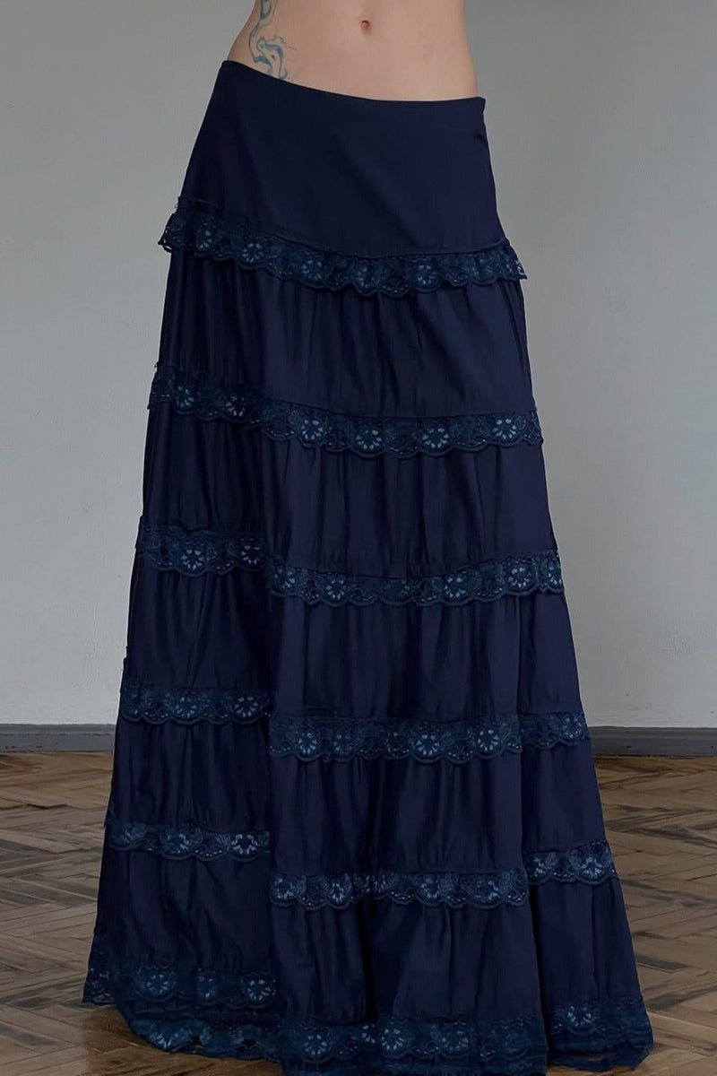 Lace Trimmed Tiered Midi Skirt