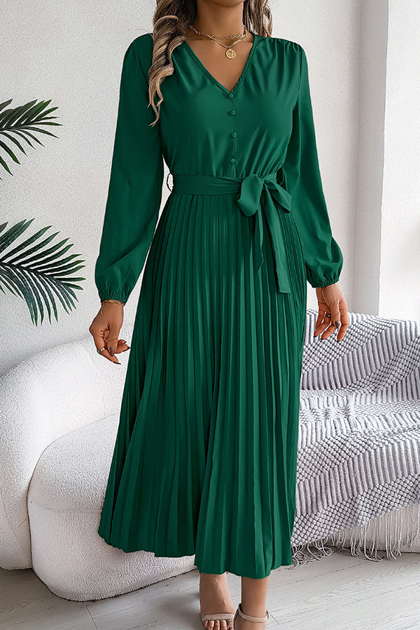 Color V-neck Buttoned Lace-up Pleated Maxi Dress