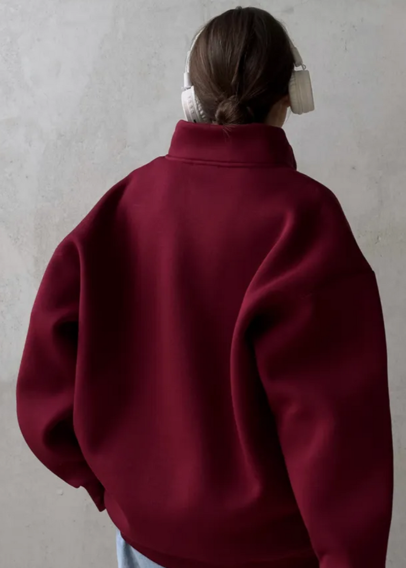 Crimson Chill - Oversized Half-zip Sweatshirt With High Collar