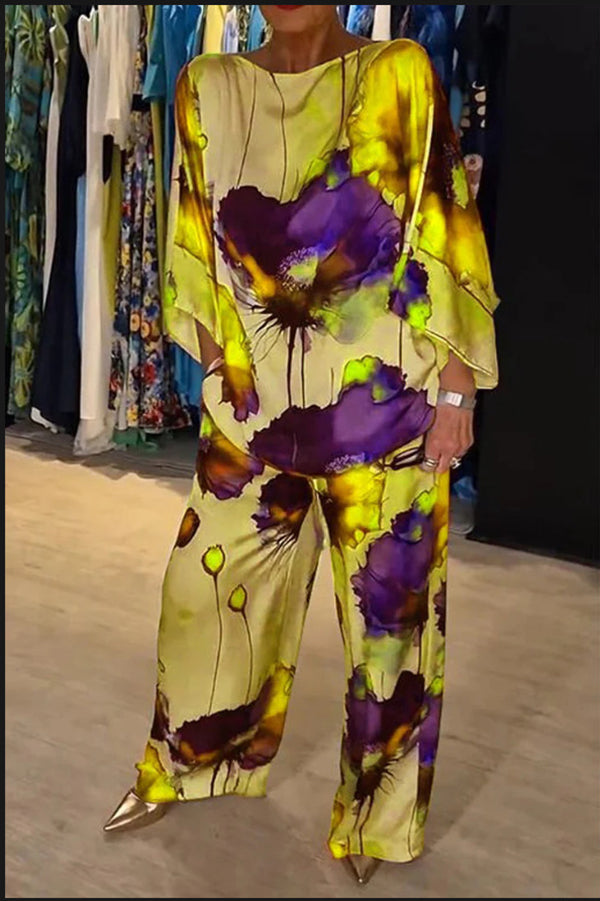Satin Botanical Print Crew Neck Top and Elastic Waist Loose Pocket Pants Set