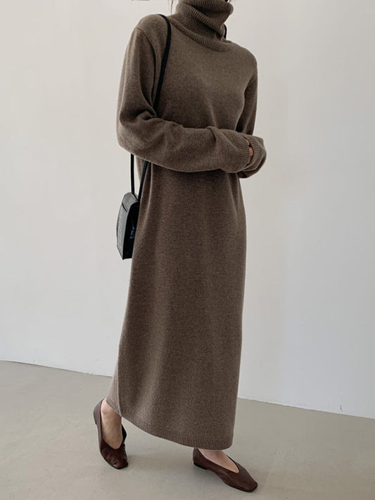 Long Sleeves Loose Color High-neck Sweater Dresses